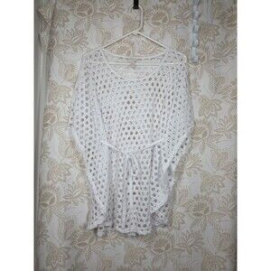 CHICOS WOMENS sz 3 WHITE NET MESH SWIM COVER UP PONCHO BELTED EUC BEACH RESORT
